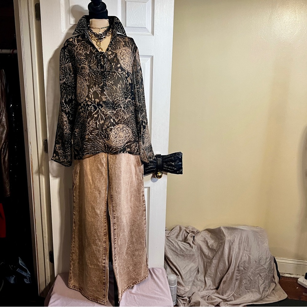 Vtg MIX IT Y2K Wms Sheer Crinkle Gauzy Paisley Floral Artsy Boho Ethereal Top L